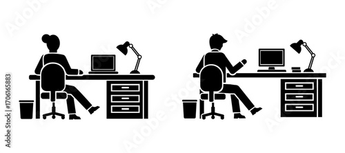 Business office stickman icons of man and woman working at desk with computer and laptop. Silhouette people workplace pictogram. Employee sitting at workstation with lamp, drawers, and trash bin illus