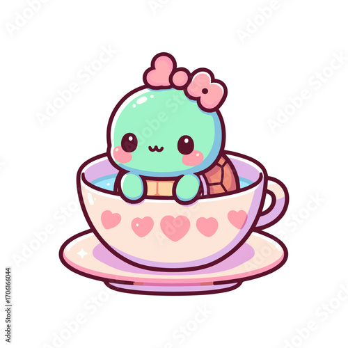 Cute cartoon turtle with flowers sitting in a teacup on a saucer, playful and whimsical vibe