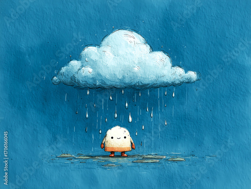 cartoon vector cloud with smile and little person below