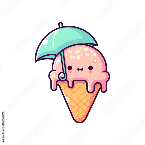 Cute ice cream cone with a pastel umbrella, melting slightly, against a simple white background