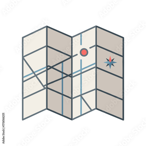 Detailed map illustration showing pathways, landmarks, and a compass rose for navigation