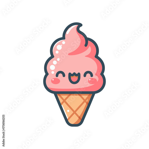 Cute pink ice cream cone character with a smiling face on a white background