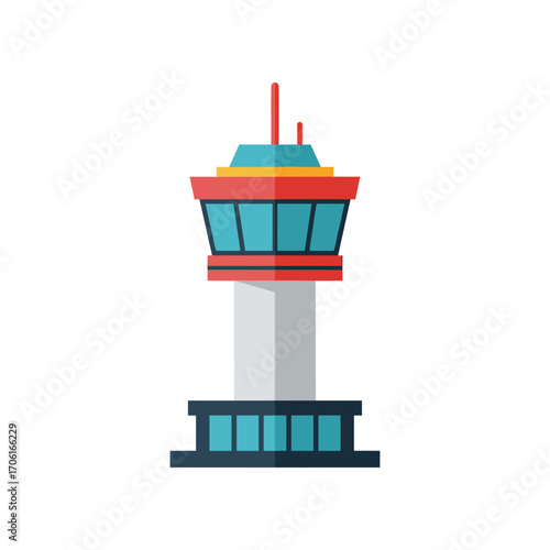 Colorful airport control tower illustration with clear skies and modern design elements