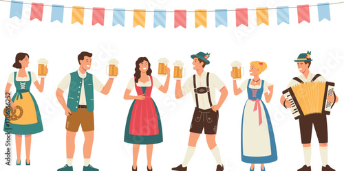 Oktoberfest celebration with people in traditional Bavarian costumes drinking beer, playing accordion, holding pretzels, enjoying German culture and music.