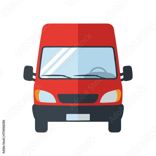 Front view of a red delivery truck parked on a street with trees in the background