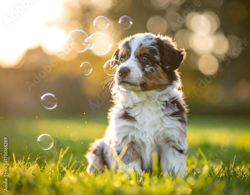 Adorable puppy playing with bubbles in a sunlit garden