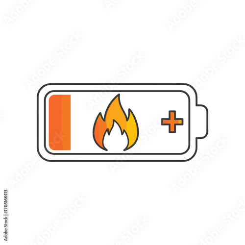 Illustration of a low battery icon with flames, symbolizing overheating and power issues