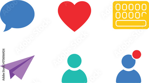Social Media Icon Set Chat Bubble, Heart, Calendar, Plane, Person with Transparent BG