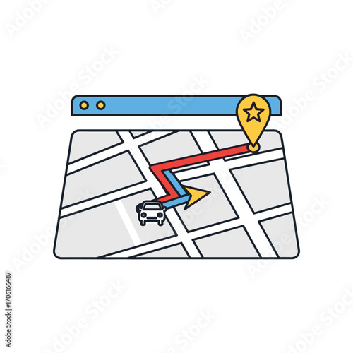 Navigation map interface with car icon, route highlighted, and location marker for directions