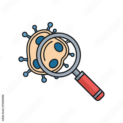 Magnified view of a virus cell under a magnifying glass, highlighting its structure and features