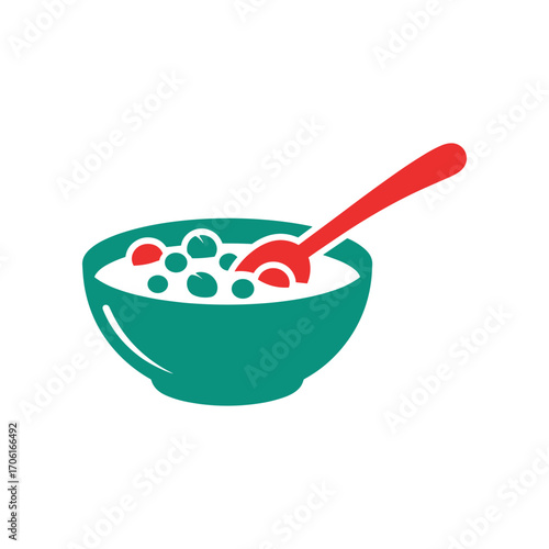 Colorful bowl of cereal with a red spoon, set against a simple white background