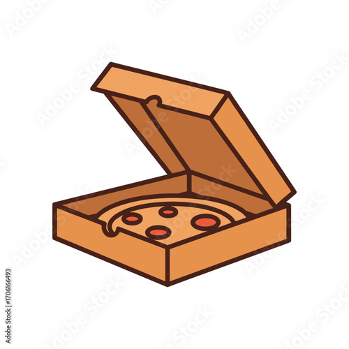 Open pizza box with pepperoni pizza inside, set against a simple white background