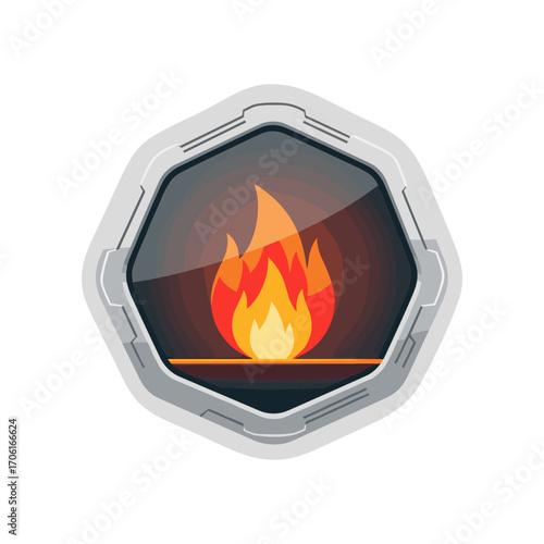 Stylized fire emblem featuring flames within a metallic hexagonal frame, ideal for safety signage