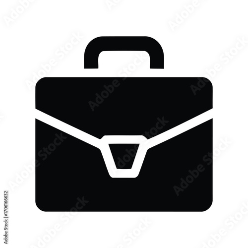 A simple black and white graphic illustration of a briefcase with a handle on a white background