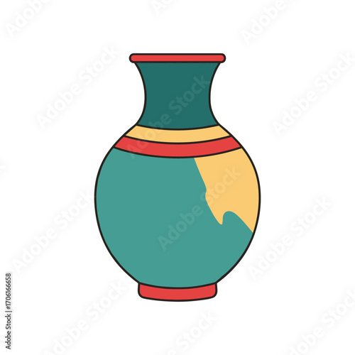 Colorful ceramic vase with intricate patterns and smooth curves, set against a plain background