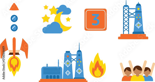Space Exploration Icons Set Rocket Launch, Number Three, Launch Pad, People Celebrating