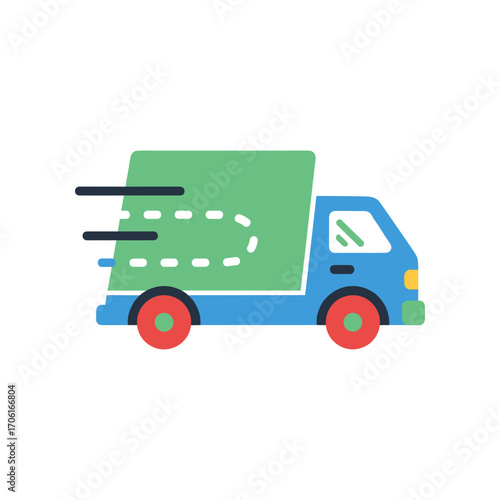 Colorful delivery truck in motion, symbolizing fast transport against a plain background