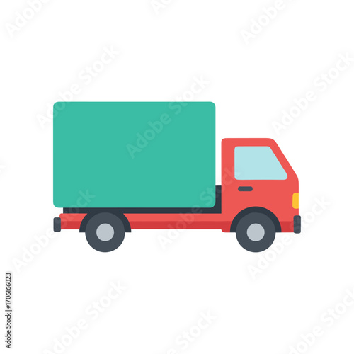 Colorful delivery truck in motion, transporting goods through a vibrant urban landscape