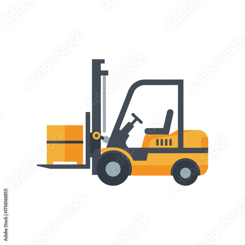 Yellow forklift lifting a wooden pallet in a warehouse setting with stacks of boxes nearby