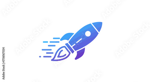 Blue rocket ship launching upwards against a white backdrop, symbolizing speed and innovation in the modern digital age, creating a sense of progress and advancement.