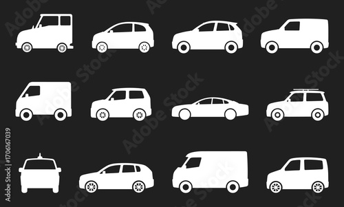 Collection of white car silhouettes, various vehicle types, compact cars, vans, sedans, SUVs, transportation icons, vector illustration, automotive design.