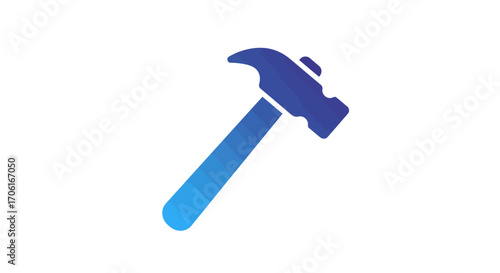 Blue hammer resting on white surface symbolizing construction and repair with gradient color scheme and minimalist style, suggesting precision and reliability.