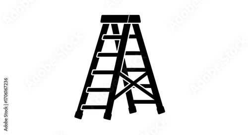 Black silhouette of a stepladder stands against a white backdrop, symbolizing progress and reaching new heights with simplicity and clarity.