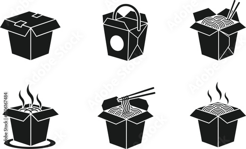 Takeout Food Set Icons in Black Silhouette Style with Transparent Background Images