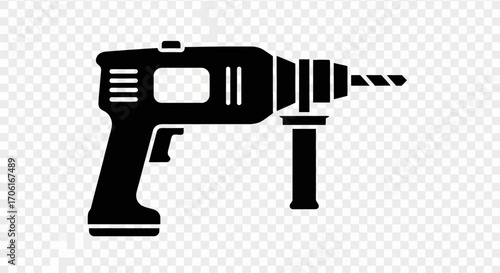 Black drill tool with handle and chuck sits stationary against a transparent backdrop, showcasing its simple and functional construction.
