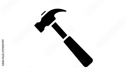 Black hammer resting on a white surface, symbolizing construction, repair, and craftsmanship with a simple and clean aesthetic.