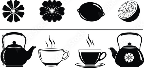 Tea Time Black and White Icon Set Featuring Flowers, Lemon, Teapots and Cups