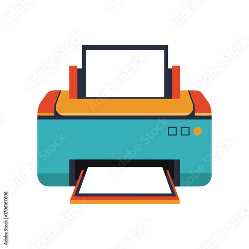 Colorful printer with an open paper tray, ready for printing documents in a modern office setting