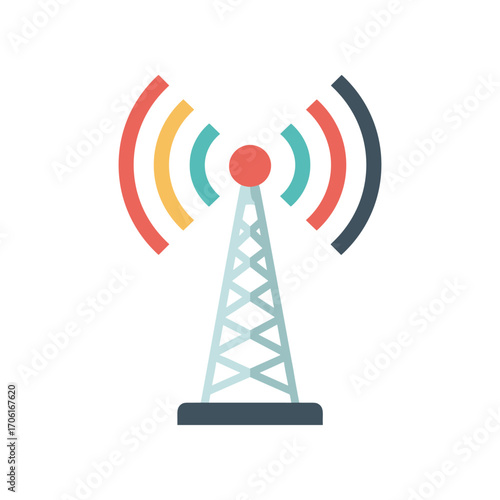 Colorful radio tower emitting signals in a clear sky, symbolizing communication technology