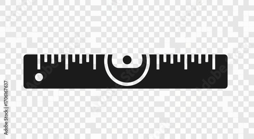 Black spirit level tool measuring horizontally on transparent surface, indicating balance and precision for construction or home improvement projects.