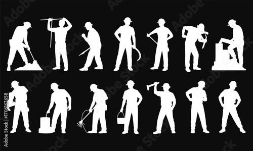 Construction worker silhouettes with tools, manual labor icons, industrial workers, builder poses, construction equipment,