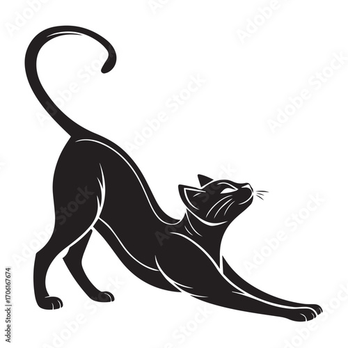 Black cat stretching on a white background, elegant silhouette of a feline in a yoga pose, graceful animal art