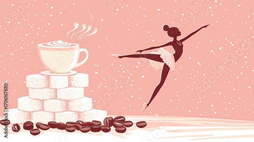 Ballerina performing gracefully beside cappuccino and sugar cubes  