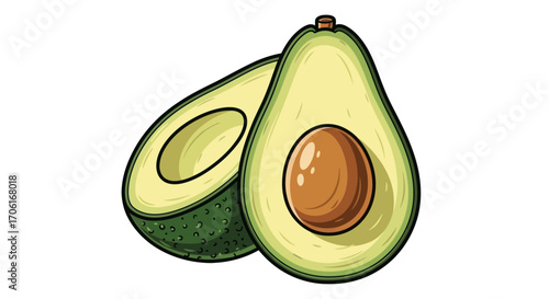 Hand drawn illustration of a fresh ripe avocado cut in half.