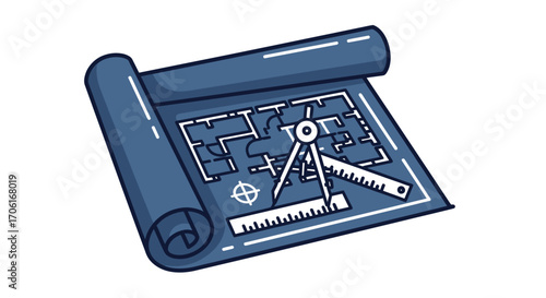 Architectural blueprint scroll with compass and ruler drafting tools.