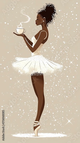 Black ballerina holding a cappuccino cup in elegant pose on beige background  