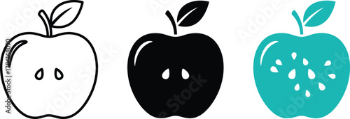Three Apple Icons Set Outline, Black, and Cyan Isolated on White Background