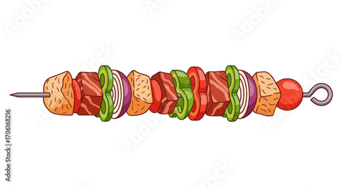 Delicious grilled shish kebab with meat and vegetables on a skewer.