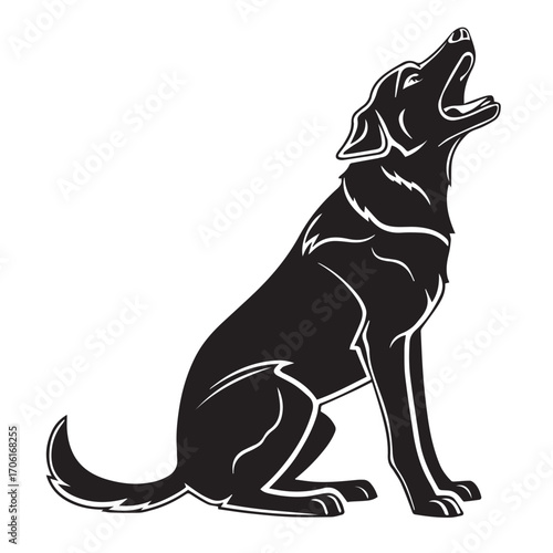 Black silhouette of a dog howling, isolated on white background