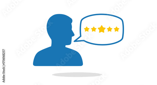 Customer feedback and satisfaction rating with five stars in a speech bubble.