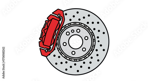 Automotive Disc Brake System with Red Caliper Illustration.