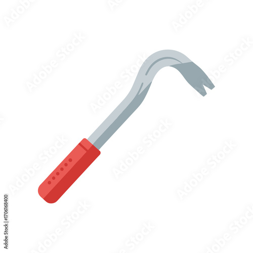 Detailed illustration of a curved metal tool with a red handle, used for prying in construction