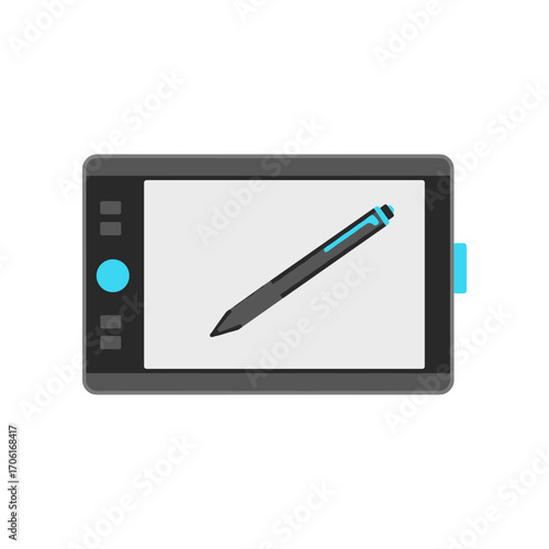 Digital drawing tablet with stylus on a blank screen, ideal for creative design work
