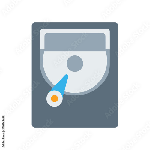 Digital illustration of a hard drive with a blue pointer indicating the disk, showcasing technology