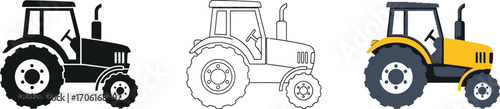 Three Farm Tractor Variations in Black Silhouette, Line Art, and Yellow Color