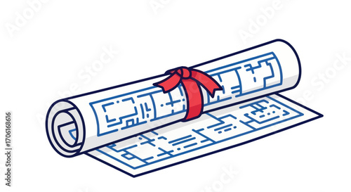 Hand drawn architectural blueprint scroll tied with a red ribbon.